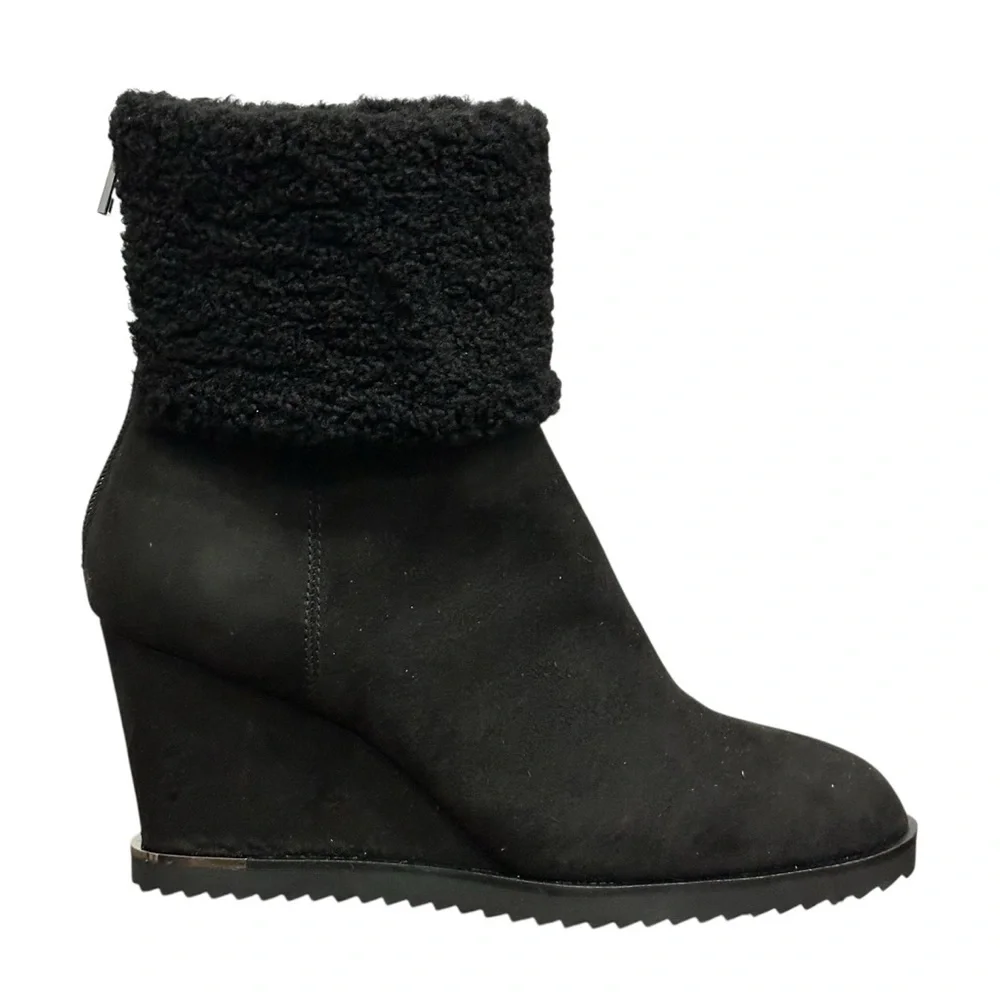 NEW DKNY Women's Nadra Black Wedge Booties‎ in Faux Suede & Sherpa Size 8